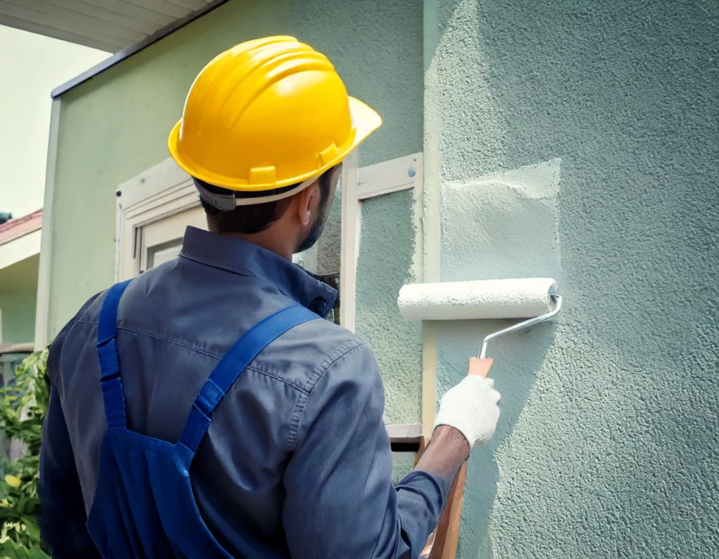 Ouvrier appliquant un revêtement de façade sur un mur extérieur.
