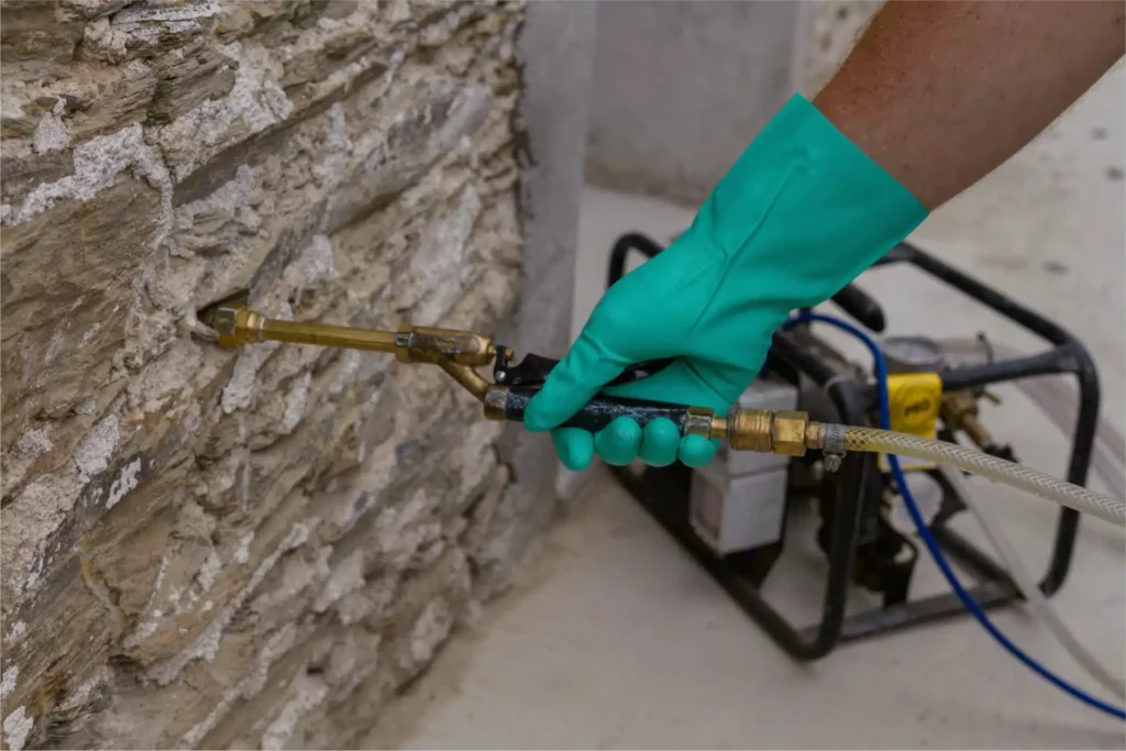 Injection de résine dans un mur en pierre pour traitement contre l'humidité